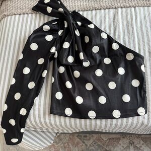 New York & Company Black and White Polka Dot One-Shoulder Crop Top with Bow